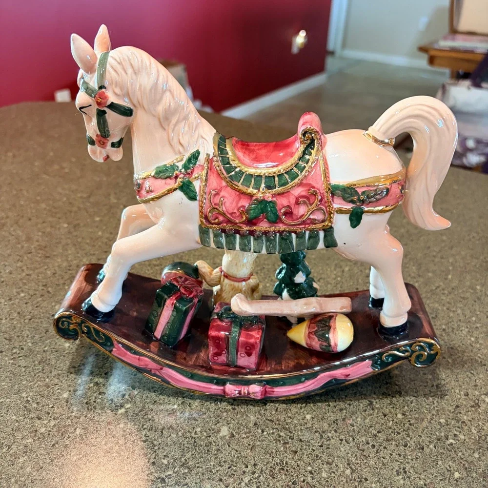 Christmas Rocking Horse Ceramic Figurine‎ Teddy Bear Gifts Gold Accents
